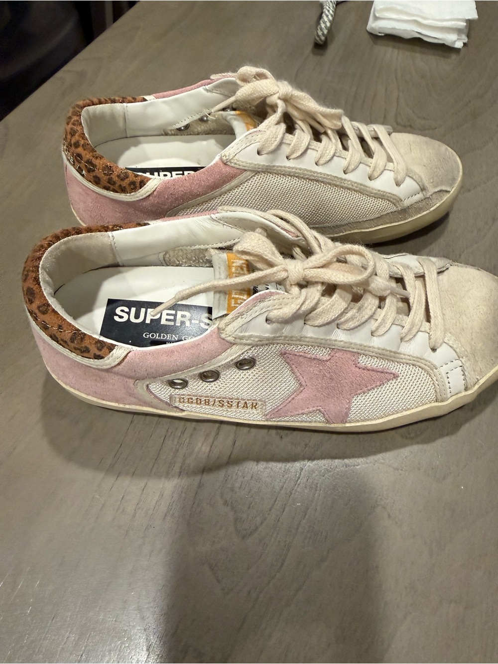Golden Goose Cream & Pink Superstar Low-Top Sneakers with Leopard Trim